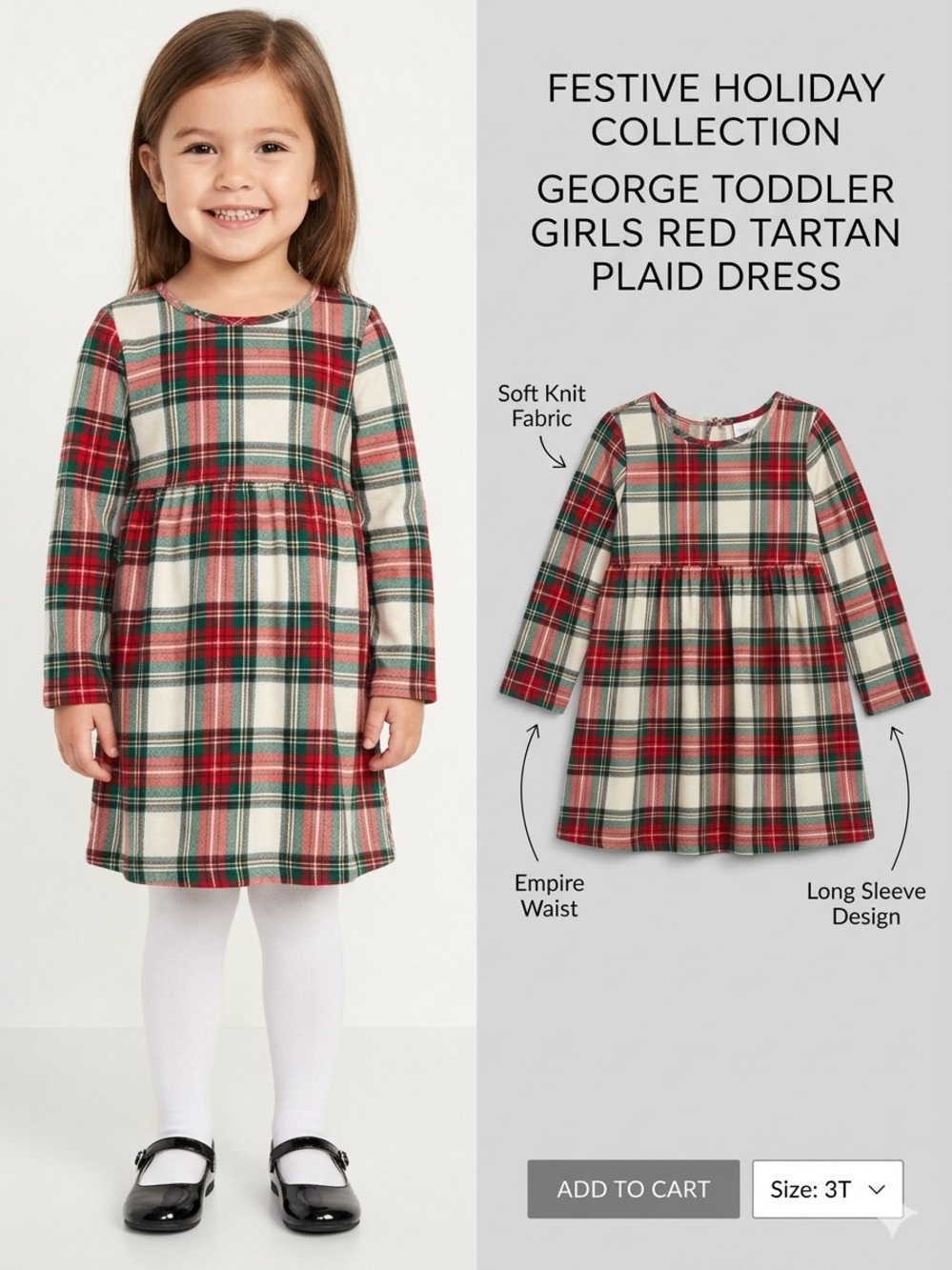 George Toddler Girls Red Tartan Plaid Holiday Dress - Size 3T (EUC)